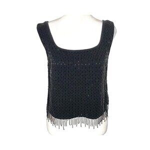PETER NYGARD Women Fringe Cropped Sequence Blouse Pullover Sz M Black 77-10